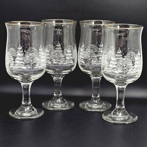 4 Lynns China PINES Water Goblets Arbys glasses Winter Scene white decal gold ri